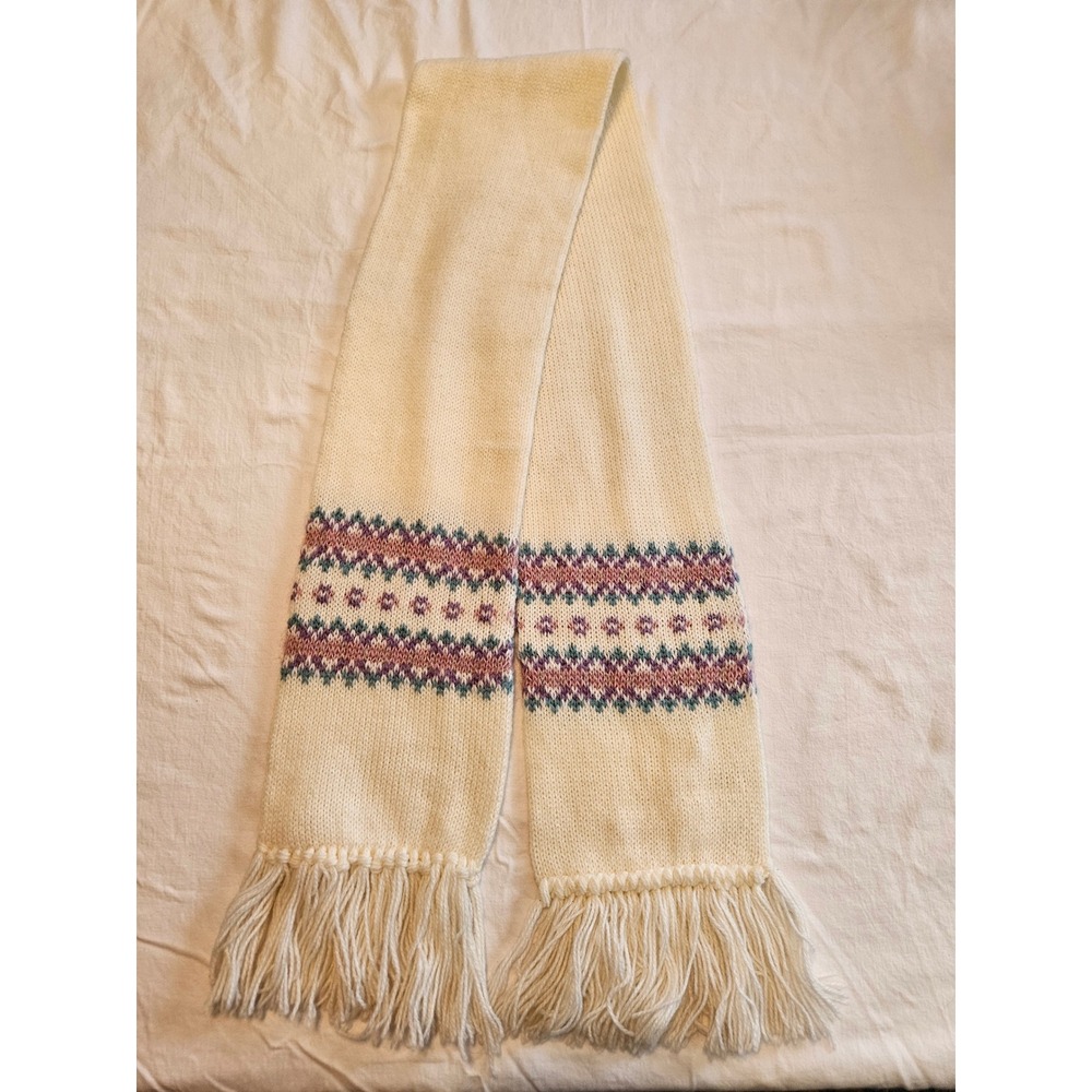 Vintage Cream‎ Knit Scarf Fair Isle Pattern Fringe Womens